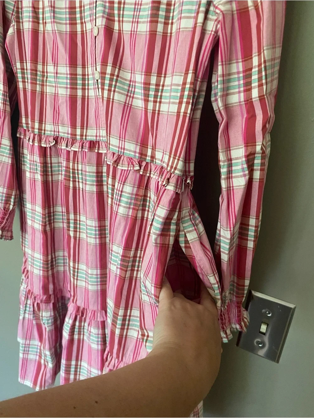 J.Crew Pink Plaid Tiered Ruffled Mini Dress with Ruffle Trim Size 10